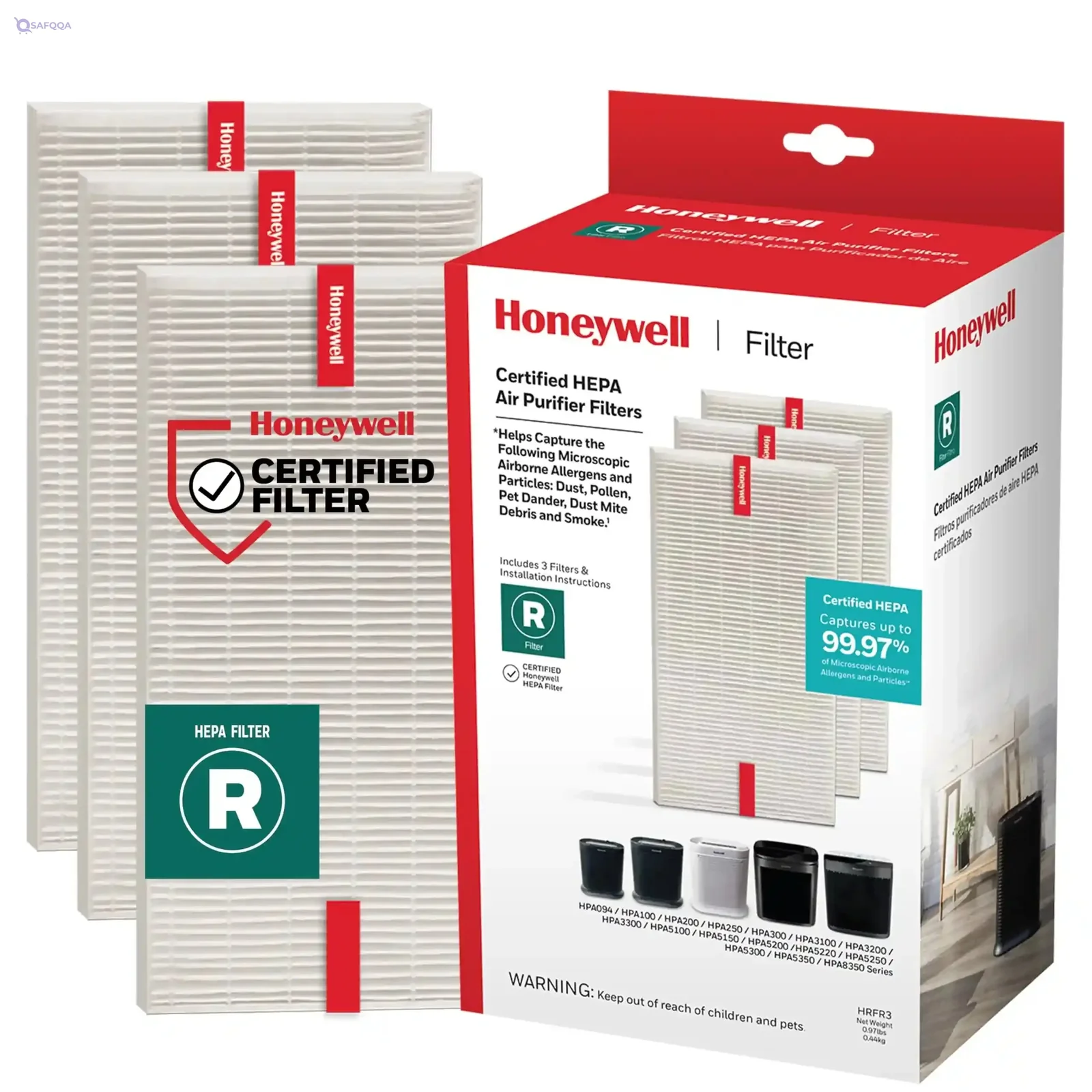 Honeywell Air Purifier Filter R, 3-Pack, Compatible with HPA 100/200/300 & 5000 Series, Allergen Air Filters for Dust, Pollen, Smoke & Pet Dander