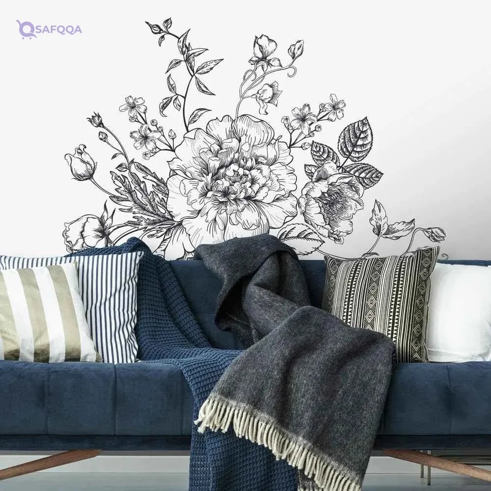 استيكر حائط من روم ميتس RMK3865GM تصميم زهرة الفاوانيا أبيض وأسود لاصق وقابل للإزالة
