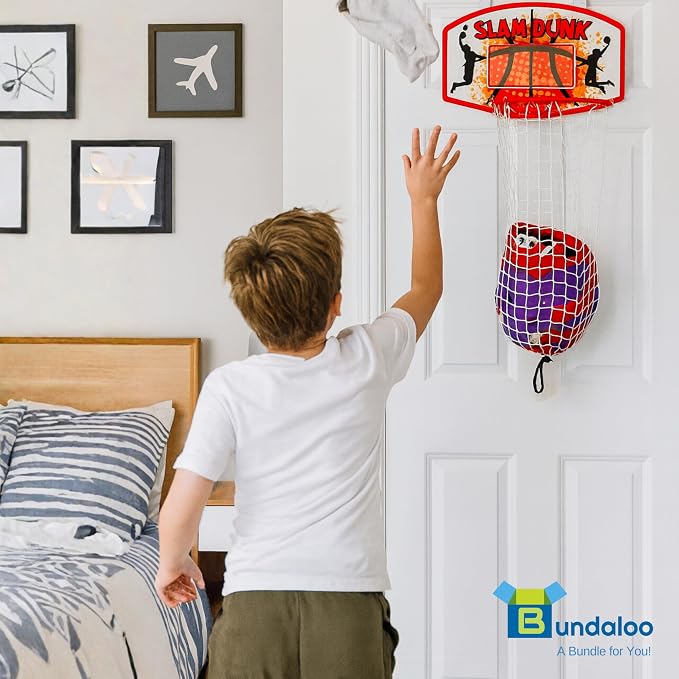Bundaloo 1in2 Over-the-Door Basketball Hoop & Hanging Laundry Hamper for Kids