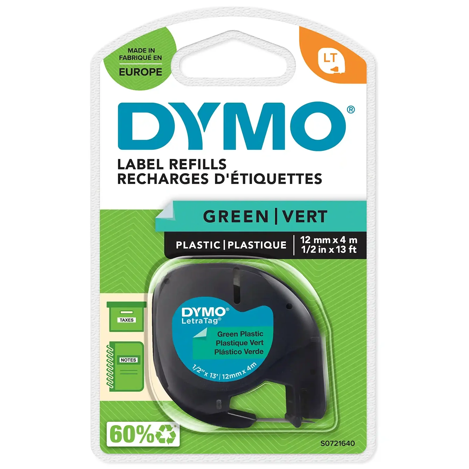 DYMO Plastic Labels 12mm x 4m Black Print on Green Roll