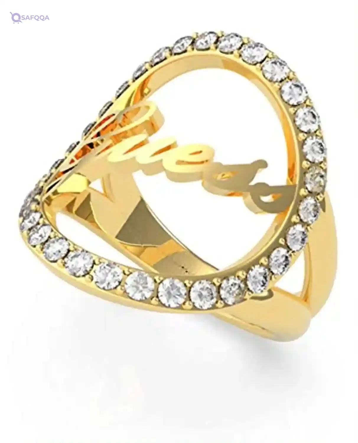 Guess Women Stainless Steel Ring Gold Zircon Embellished Stone Front Logo Fashion Jewelry Elegant Durable Statement Ring UBR20050-56