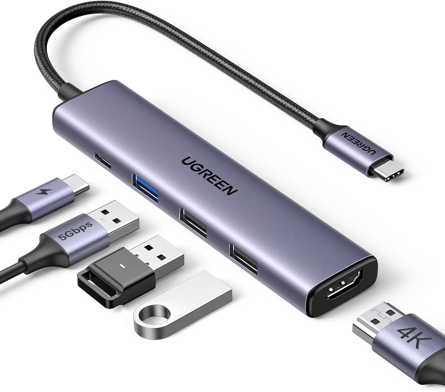 موزع منافذ USB-C من ماركة يو جرين 5 في 1 مع شحن سريع 100 واط ومخرج HDMI بدقة 4K