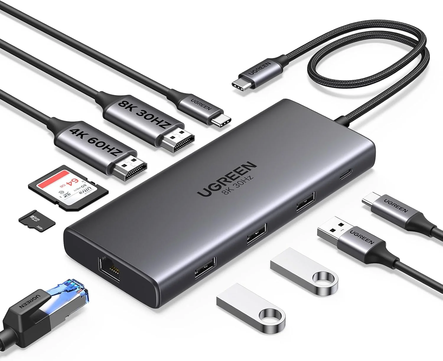 موزع منافذ USB-C 10 في 1 من ماركة يوجرين بمنفذي HDMI مزدوجين ودقة 4K