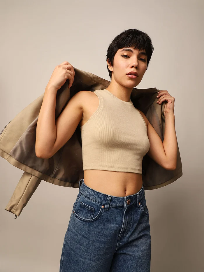 Only Women's Beige Ribbed Cropped Tank Top