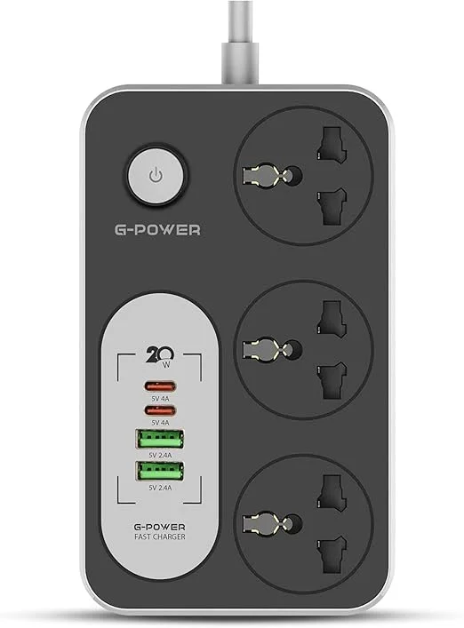 G-Power GP342 Power Strip Surge Protector – 220V, 3 Universal Sockets & Dual Type-C 20W Charging Ports