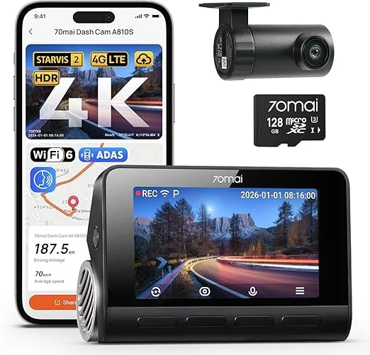 70mai A810S 4K Dash Cam with Front & Rear Cameras, HDR Night Vision & GPS